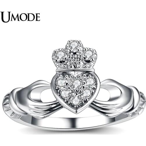 UMODE New Luxury White Gold Color Hand Heart Crown Ring For Women Friendship CZ Wedding Band Jewelry Fashion Bague Femme AUR0127