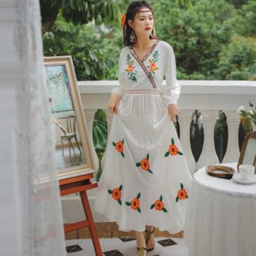 2021 Runway Flowers Embroidery Cotton Dresses Women Autumn Designer Sequins V-Neck 3/4 Sleeve Ruffles Holiday Bohemia Long Dress