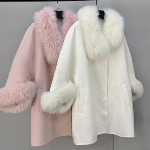 High Quality Winter Mid-long Lovely Real Wool Jacket Plush Natural Fox Fur Collar Womens Winter Coat