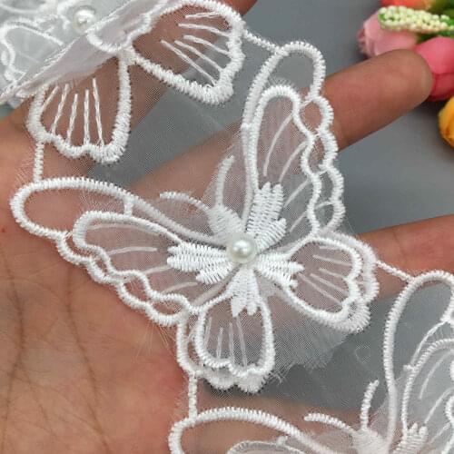 20x Pearl Beaded Butterfly Embroidered Flower Lace Trim Floral Applique Fabric Sewing Craft Vintage Wedding Dress 6x5cm