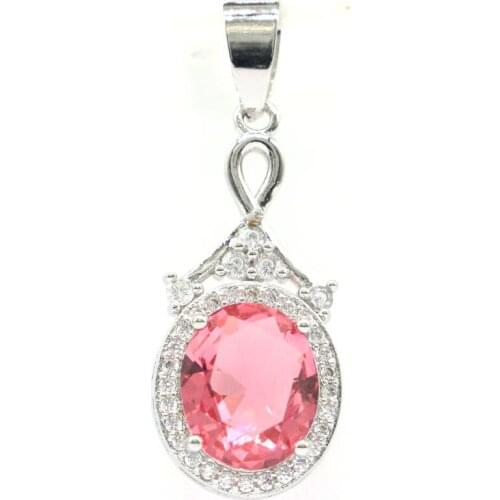 37x14mm Lovely Cute Created Pink Morganite Fire Rainbow Topaz CZ Womans Jewelry Silver Pendant