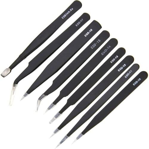 9pcs Stainless Steel Precision Tweezers Set ESD Safe Anti Static Repair Tool Kit For Electronic Repairing Leather Work Mayitr