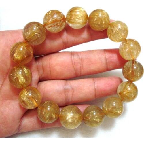 Free Shipping Natural Golden Rutilated Quartz 15mm Round Beads Bracelet Women Jewelry Accessories Weddings Parties Gift