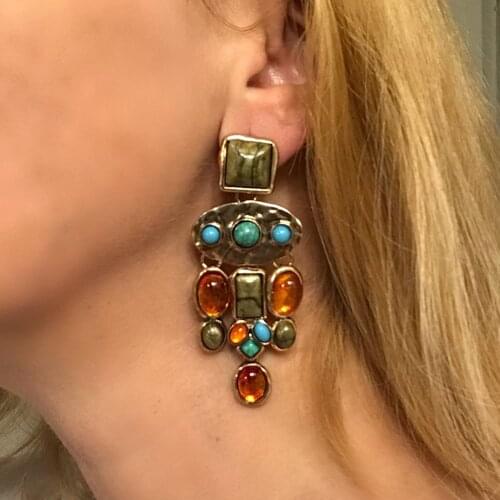 Bohemian Ethnic Colorful Stone Drop Earrings for Women Exaggerated ZA Statement Fashion Golden Pendant Earring Jewelry Bijoux