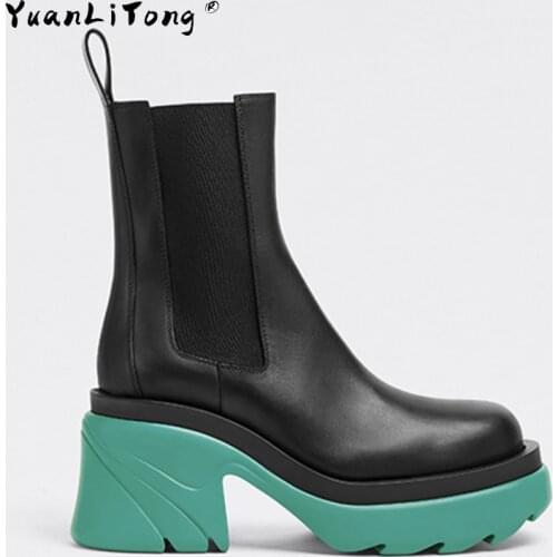 2021 Autumn and Winter New Chimney Womens Boots Patent Leather Mid-tube Martin Boots Green Bottom Boots Chelsea Boots Women