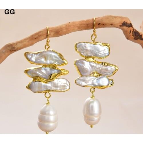 GG Jewelry White Keshi Biwa Pearl Rice Pearl Gold Plated Hook Earrings