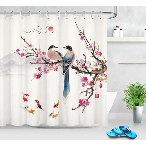 Chinese Landscape Painting Shower Curtains Fish Bird Plum Tree Branch Shower Curtain Polyester Cloth Fabric Bathroom Decoration