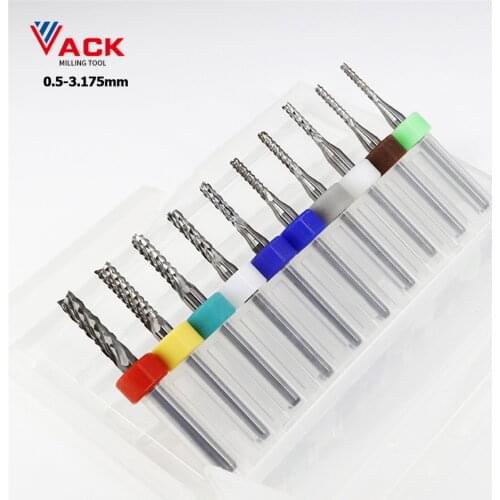 VACK 10Pcs/lot Endmill 0.5-3.175mm Corn Carbide Tungsten PCB Milling Cutter Set PCB Machine Router Bit Engraving End Mill Tools