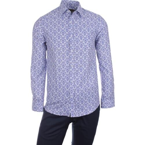 Gentilbay Mens Pattern Digital Printed Cotton Blue Slimfit Long-Sleeve Sport Classic Shirt DPD068