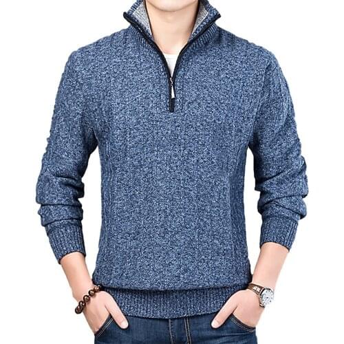 New Autumn Winter Men Knitted Sweater Fleece Inside Casual Warm Slim Stand Collar Pullovers Male Half Zip Sweater