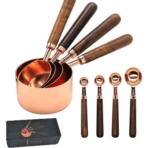 4pcs Measuring Cups Spoons Set Walnut Handle Stainless Steel Plated Copper Metal Measuring Scoop Baking Kit Kitchen Accessories