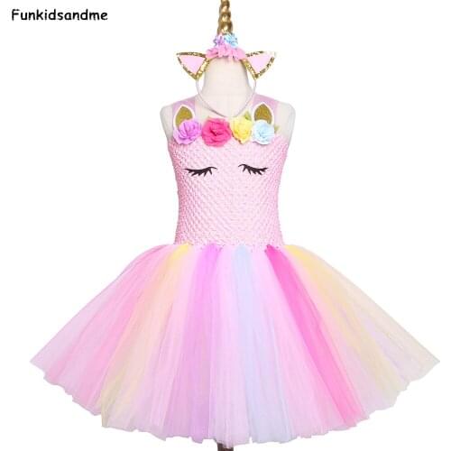 Pink Pastel Unicorn Tutu Dresses for Girls Flower Birthday Party Dress Tulle Princess Dress Kids Christmas Halloween Costumes