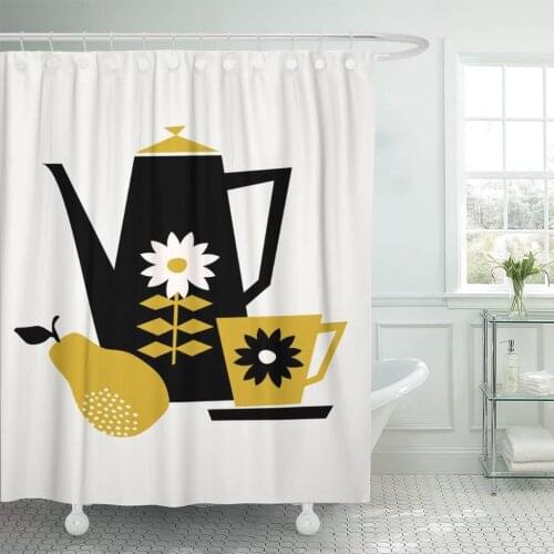 Mid Century of Coffee Pot Cup and Pear Shower Curtain Waterproof Fabric 72 x 72 Inches Set with Hooks