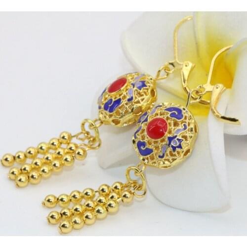 Factory outlet Bohemia style charms Chinese gold-color cloisonne long tassel drop dangle earrings women clothes jewelry B2608