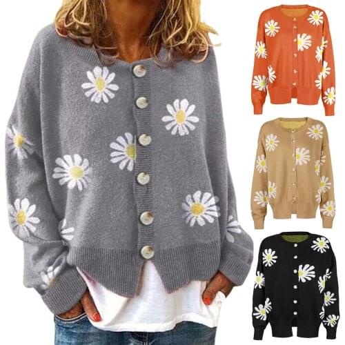Women’s Clothes Autumn Casual Long-sleeved Cardigan Fresh Little Daisy Knitwear Round Neck Single-breasted Knitted Coat