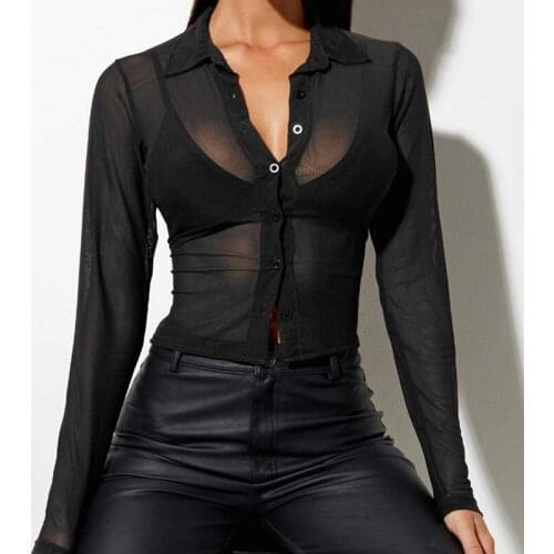 2021 Female Sexy See-Through Long Sleeve Blouse Summer Autumn Ladies Solid Color Turn-Down Collar Shirt Tops S M L