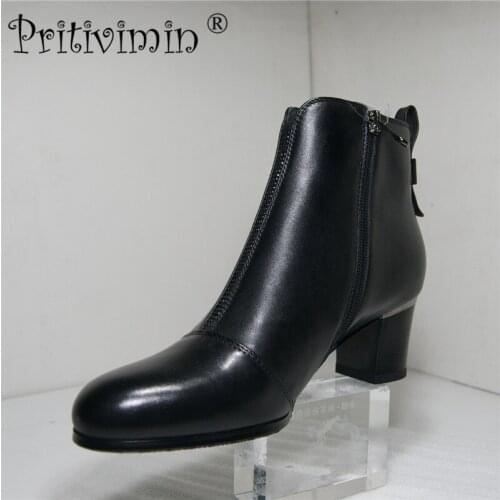 Pritivimin FN202 women fashion buckle handmade genuine leather worker shoe ladies winter warm lined thick high heeled ankle boot