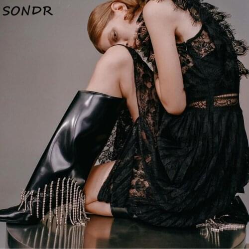 2021 Womens Fashion Crystal Tassel Knee High Boots Sexy Ladies Pointed Toe Long Boots Patchwork High Heels Party Shoes Woman