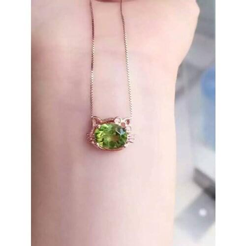 Natural green peridot pendant S925 silver Natural olivine Pendant Necklace trendy elegant Lovely cat women party girl jewelry