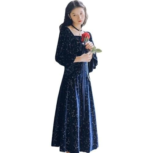 High Quality Dress Women Palace Vintage Gold Velvet Blue Galaxy Starry Sky Lace Stitching Lantern Sleeve Dress Women Winter New