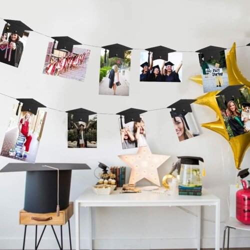 2021 2Set 8M Gold Black Paper Graduation Cap Garlands Magnet Photo Clip String for Congrats Grad Party Photo Display Decorations