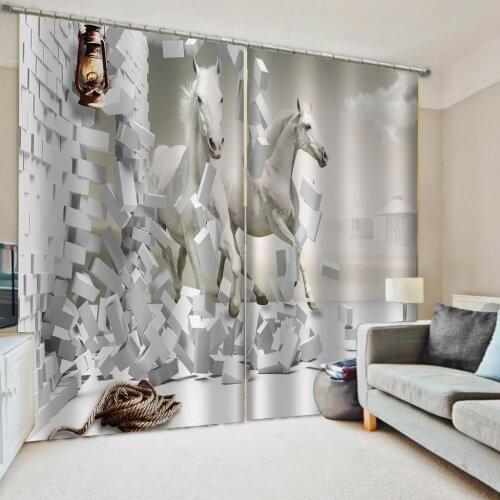 3D Curtain Photo Custom Size Wall Brick White Horse Curtains For Bedroom Curtains For Living Room Decorative Curtain