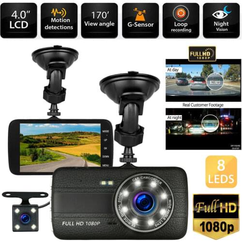 4" 1080P Dual Lens Car Dashboard DVR Video Recorder Dash Cam with 8LED Infrared Night Version G-sensor Rearview camera Car DVRs