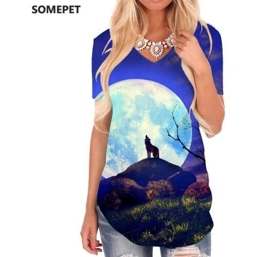 SOMEPET Wolf T-shirt women Animal Tshirts Printed Anime Shirt Print Moon V-neck Tshirt Tree Funny T shirts Womens Clothing