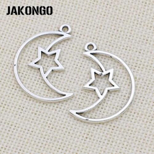 JAKONGO Antique Silver Plated Moon Star Charms Pendant for Jewelry Making Bracelet Accessories DIY Handmade 37x25mm 10PCS/lot