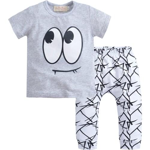 Summer Baby Boy Kids Clothes Suit Cute Short Sleeve Eye Printed Tops Geometric Pants Toddler Infant Outfits Girl Clothing Set