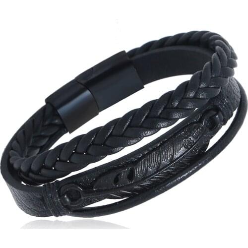Creative Black Stainless Steel Mens Leather Bracelet Double Student Jewelry