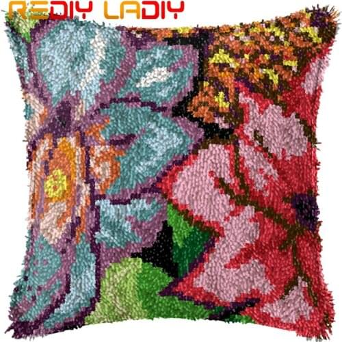 Latch Hook Cushion Color Flowers Printed Canvas Cushion Front Acrylic Yarn Crochet Pillow Case Kits Sofa Bed Pillow Home Decor