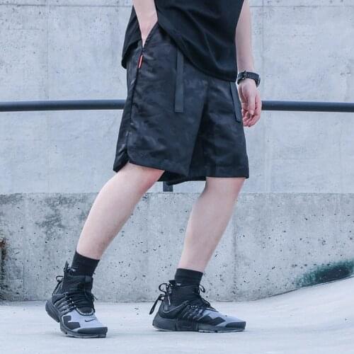 SILENSTORM Techwear Mens Black Camoflague Ribbon Drawcord Waist Shorts Hip Hop Style Punk Fashion