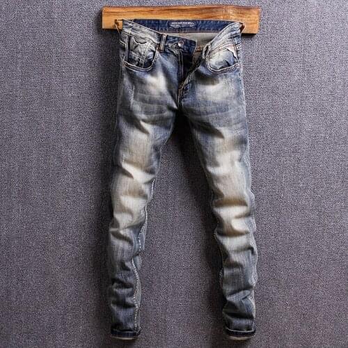 Italian Style Fashion Men Jeans Retro Washed High Quality Elastic Cotton Slim Fit Denim Pants Vintage Designer Ripped Jeans Men