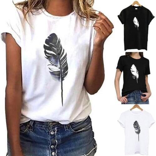 Fashion Feather Print Loose T-shirts O-neck Women T-shirt Casual Harajuku Short Sleeve Elastic Stretched Summer Tee Shirt #YJ