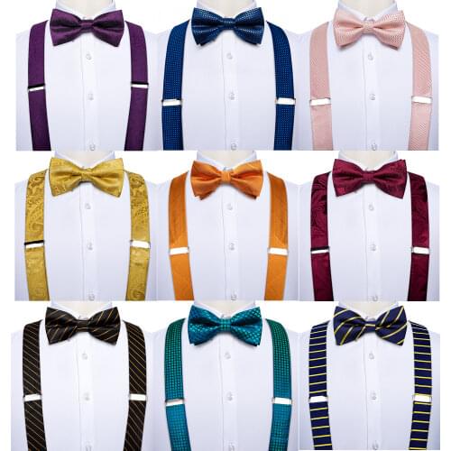 New Fashion 100% Silk Mens Suspender Bow Tie Set Leather Metal 6 Clips Braces Black Gold Striped Wedding Suspenders Men DiBanGu