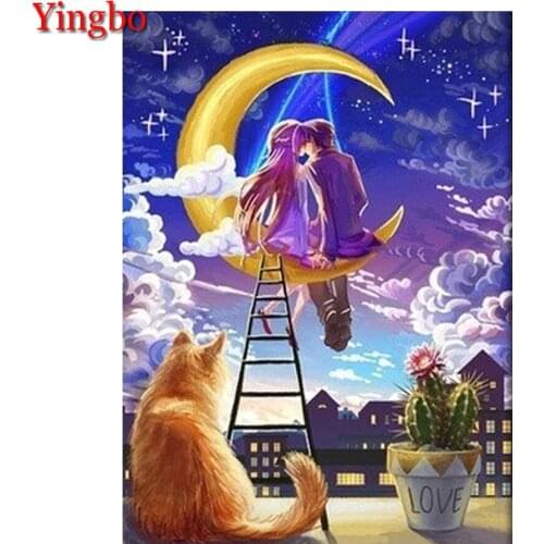 Diamond Painting Kit Cartoon romantic couple sitting on the moon 5D DIY Diamond Embroidery Sale Rhinestones Mosaic Cross Stitch