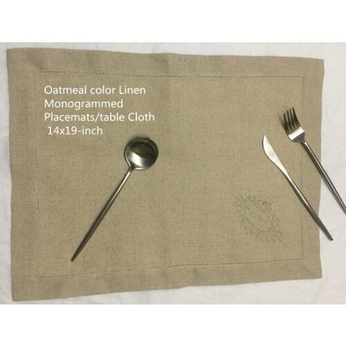 Set of 12 Monogrammed Table Cloth 14"x19" Oatmeal Color Linen Placemats/Hemstitch/embroidery Initial for elegant lunch or dinner