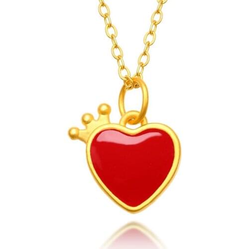 NEW 24K YELLOW GOLD PENDANT CROWN RED HEART PENDANT NECKLACE WOMEN NECKLACE PENDANT