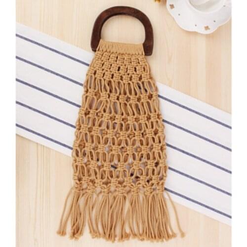 National style new wooden handle portable nets straw bag cotton rope hand-woven bag simple beach womens bag
