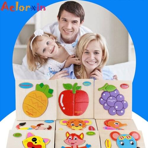1Pcs Kid Wooden Animal Fruit Vehicle Cognition Cartoon Puzzle Kids Baby Educational Toys Train Children Newborn Puzzle Toy Gift