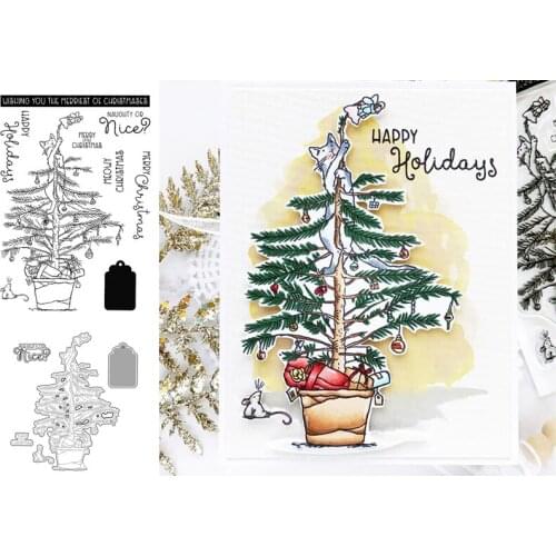 Christmas Tree Cat Clear Stamps with Metal Cutting Dies for Diy Scrapbooking Paper Cards Silicone Transparent Stempels Seal