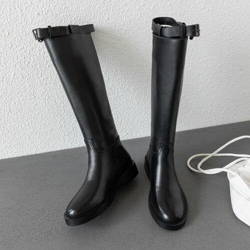MEZEREON Modern Thigh High Boots Round Toe All Cow Leather Cool Riding Equestrian Boots Solid Color Women Shoes With Buckle