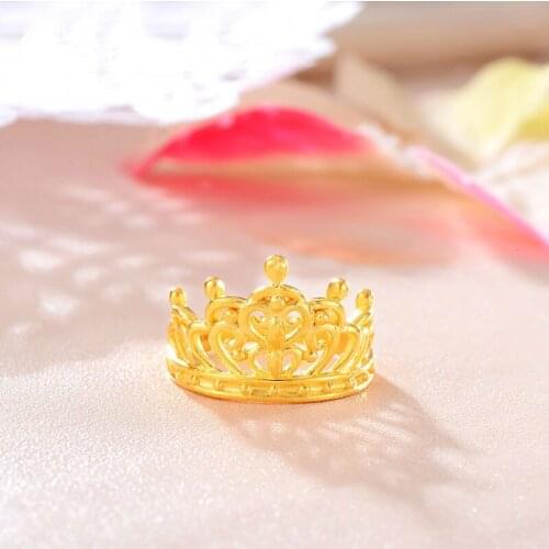 SOLID 24K YELLOW GOLD RING WOMEN FASHION 999 GOLD HOLLOW CROWN RING