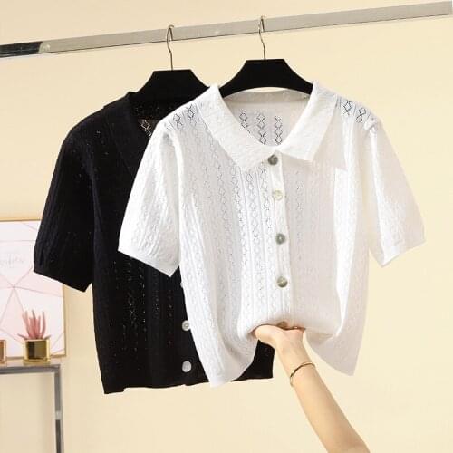 Women Summer Black White Hollow Out Thin Shirt cardigan Short Sleeve Turn Down Collar Ice Silk Knit T-shirts Fashion Slim Tops