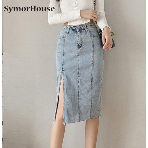 2021 Fashion Sexy Office Lady Mid Pencil Skirt For Women Summer High Waist Split Slim Wrap Hip Denim Skirt Autumn Spring Bottoms