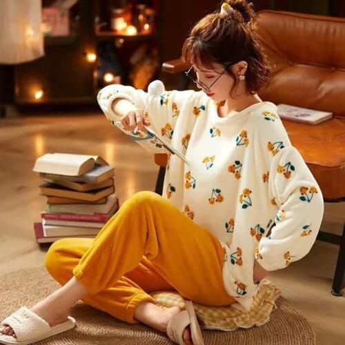 Women Pajamas Set Winter Warm Cartoon Flower Long Sleeve Cute Sleepwear Casual Homewear Female Pyjamas Pijama Mujer Nightdress