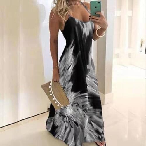 Women Sexy Spaghetti Strap Long Dress Casual Summer Sleeveless Printed Maxi Dresses Female Big Swing Backless Party Dress Robes