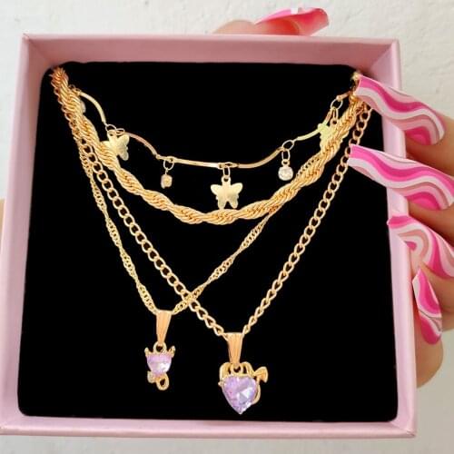 Flatfoosie New Multi-layer Golden Butterfly Choker Necklace For Women Boho Heart Crystal Pendant Necklaces 2021 Fashion Jewelry
