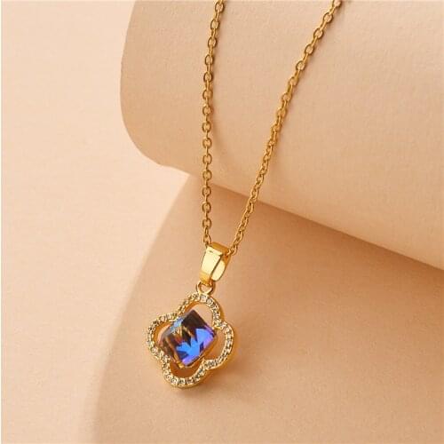 New 2021 Blue Crystal Four Leaf Flower Pendant Women Necklace Ladies Elegant Gold Color Stainless Steel Chokers Necklaces